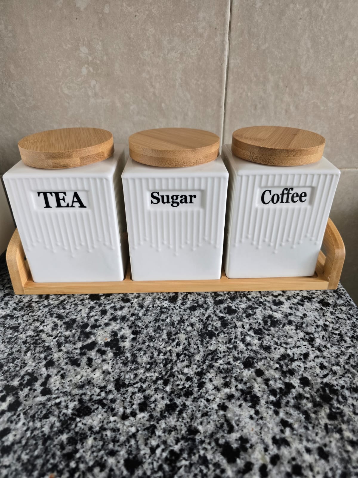 3pc Ceramic Canister Set with Bamboo Lids & Tray