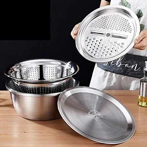 26cm 4PCS Set 304 colander Stainless Steel Bowl with Lid, Kitchen Cooking Salad Mixing Bowls Set Washing Drain Basket Soup Basin Strainer