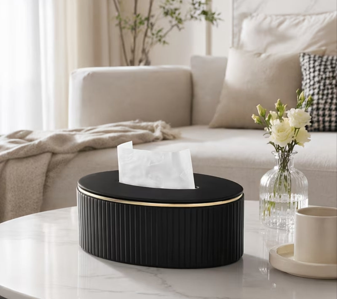 Light luxury vertical-striped oval serviette box with gold-edged accents