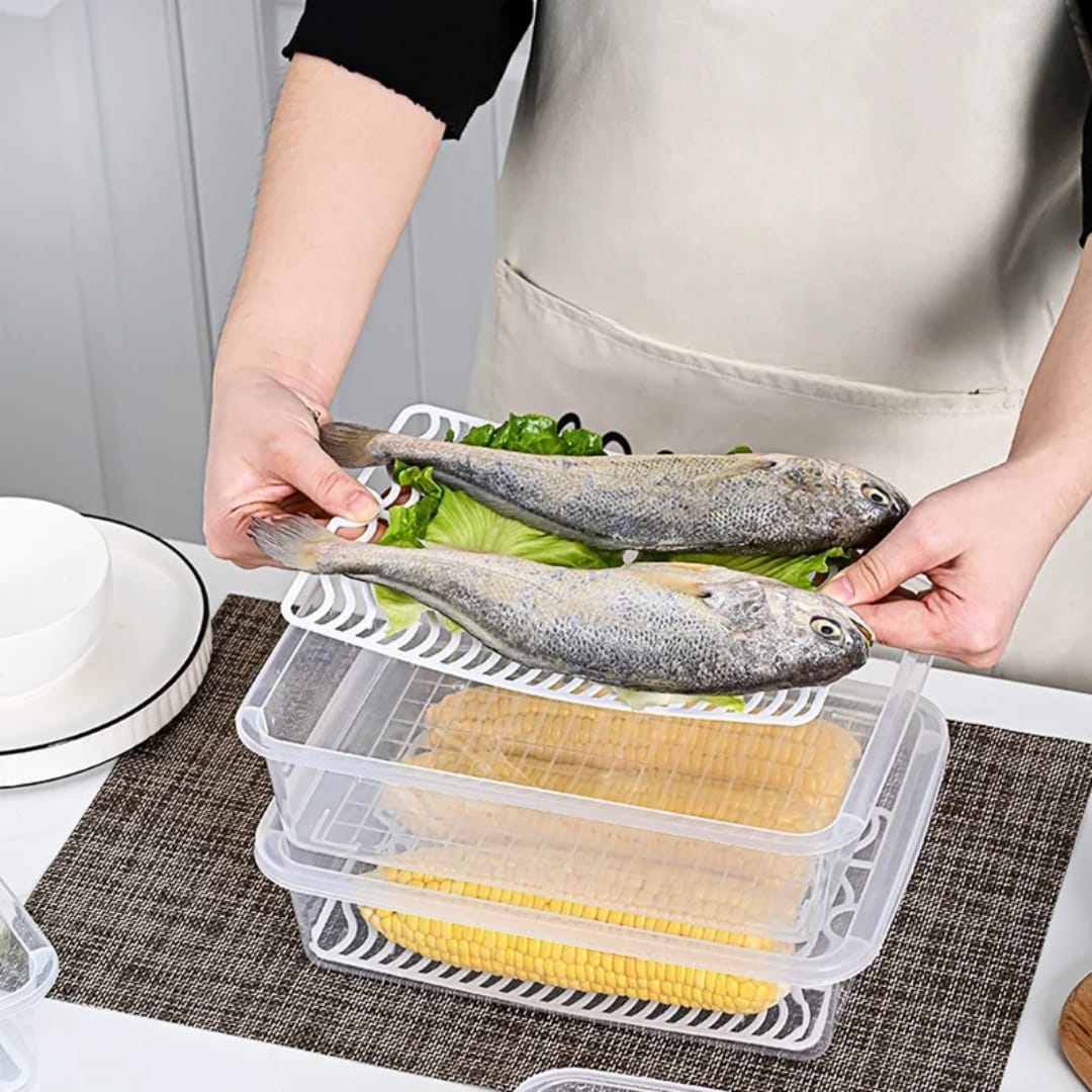 Stackable fridge storage box with drain plate