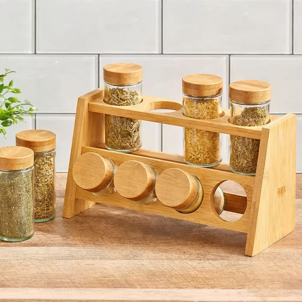 8PCS SPICE JARS WITH WOODEN SPICE RACK