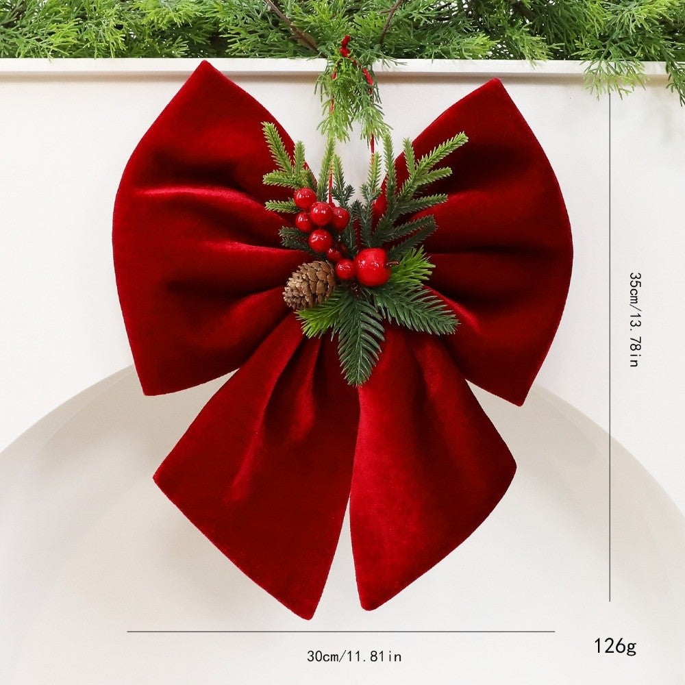 *Wine Red Christmas Tree Bow Ornament Pine Needle Accent Velvet Christmas Hanging Decoration Handmade Red Berry Accents