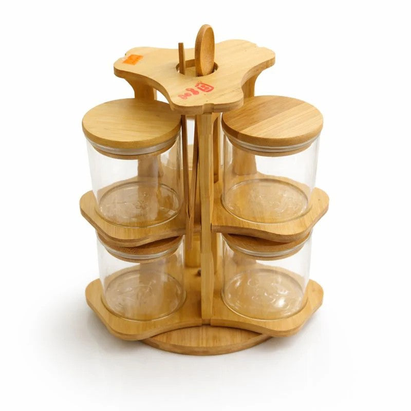 Rotating Jar Set 6PCS glass storage with bamboo spoons, Wooden Circle two Tier