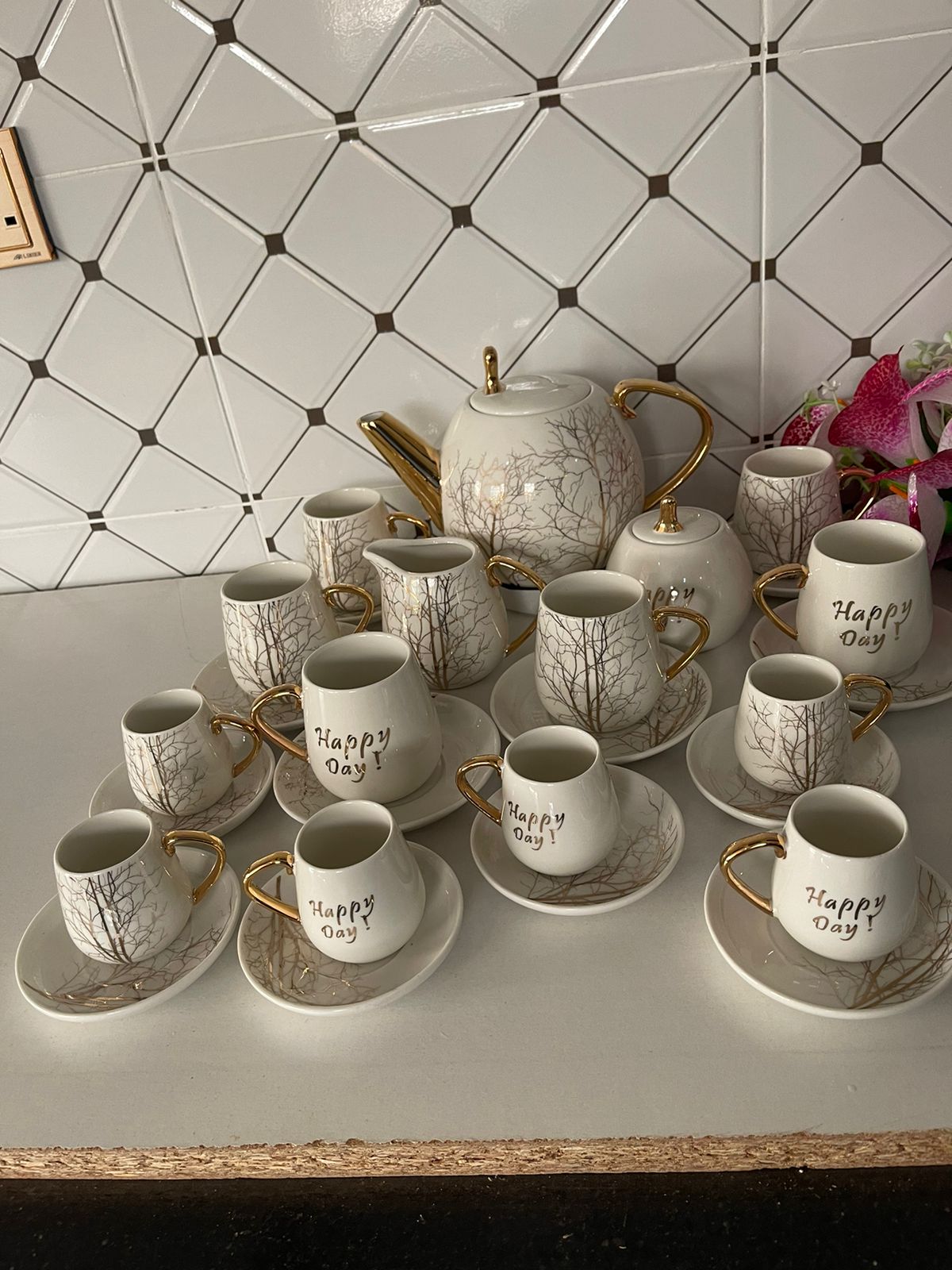 Tree Tea Set with palm tree design and gold touch