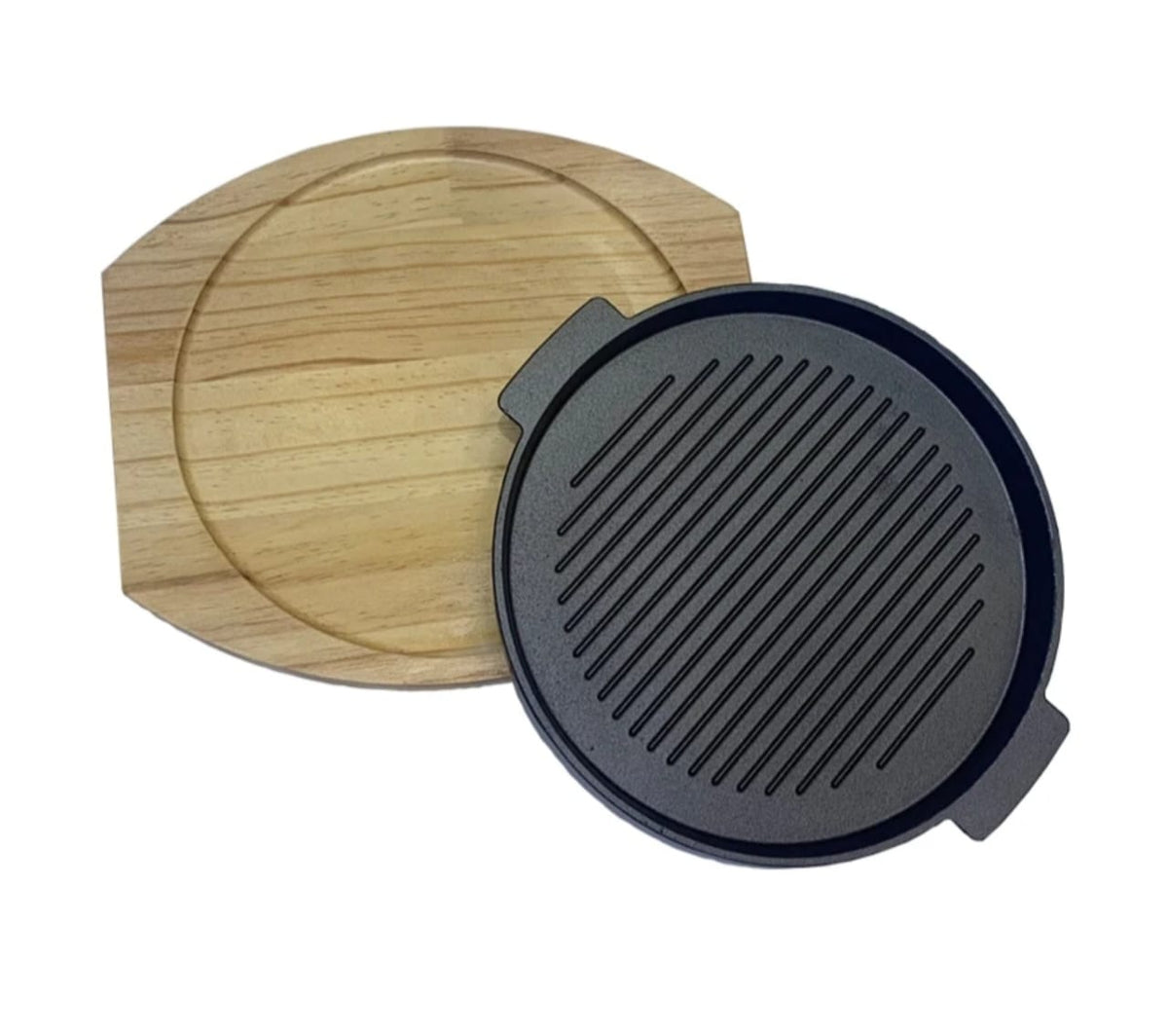 Thickened Round Cast iron Sizzling Grill pan with wooden Base.