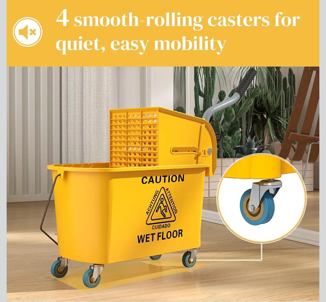 Heavy Duty cleaning Mop Bucket with Wringer Set on Wheels for Floor Cleaning, 20 Litre Side Press Wringer with Handle and Mop, Yellow
