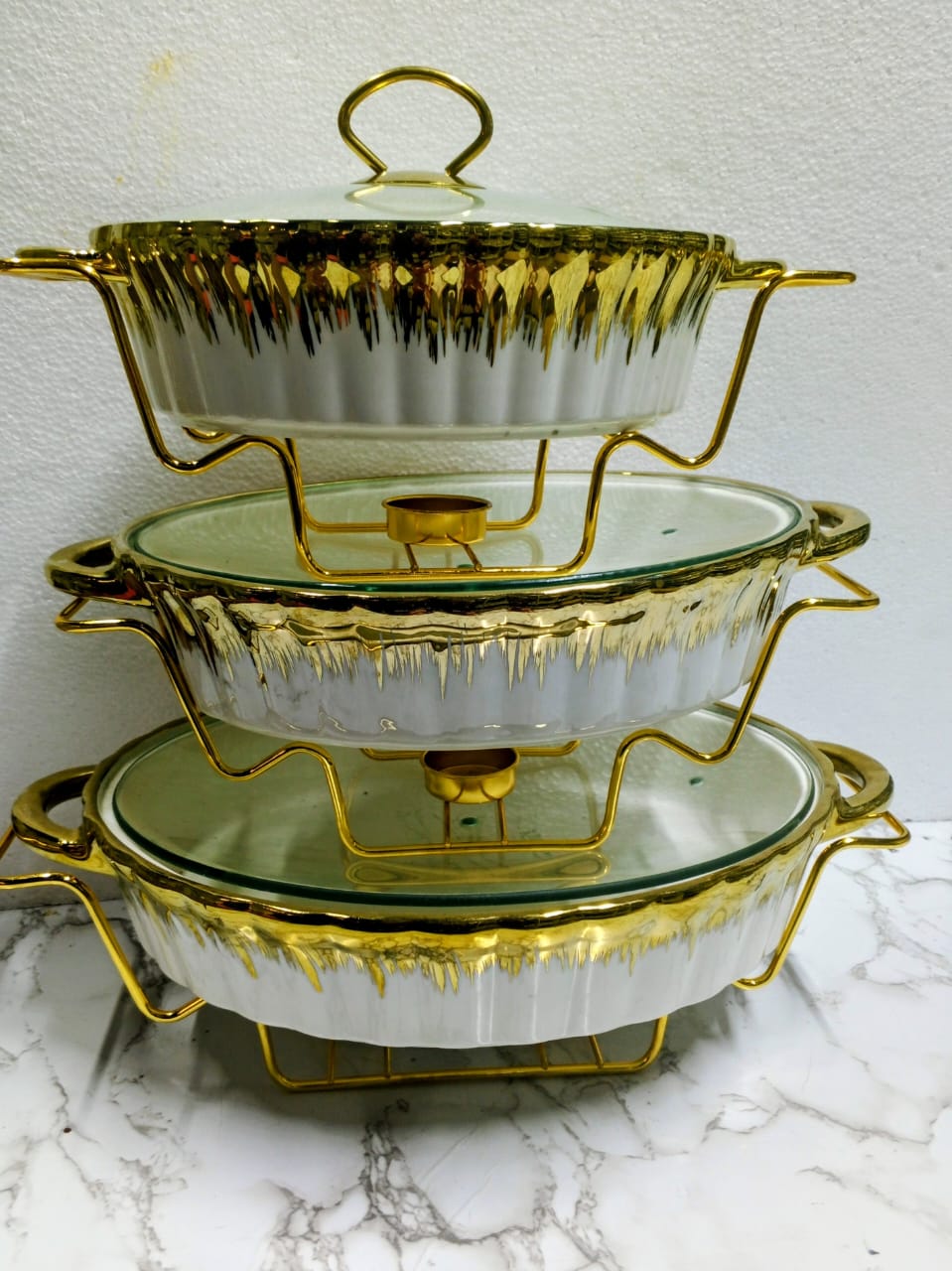 3 in 1 cream white and gold chaffing dish