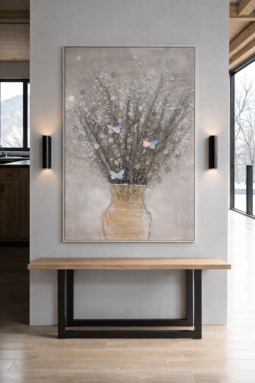 Handcrafted vase floral artwork with subtle metallic accents that add depth and sophistication to your wall décor.