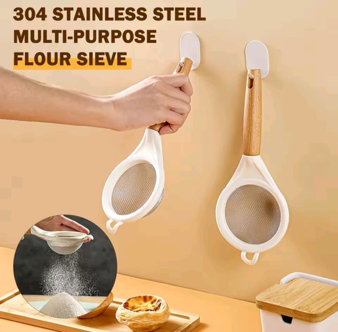 Wooden handle stainless steel fine mesh sieve/strainer