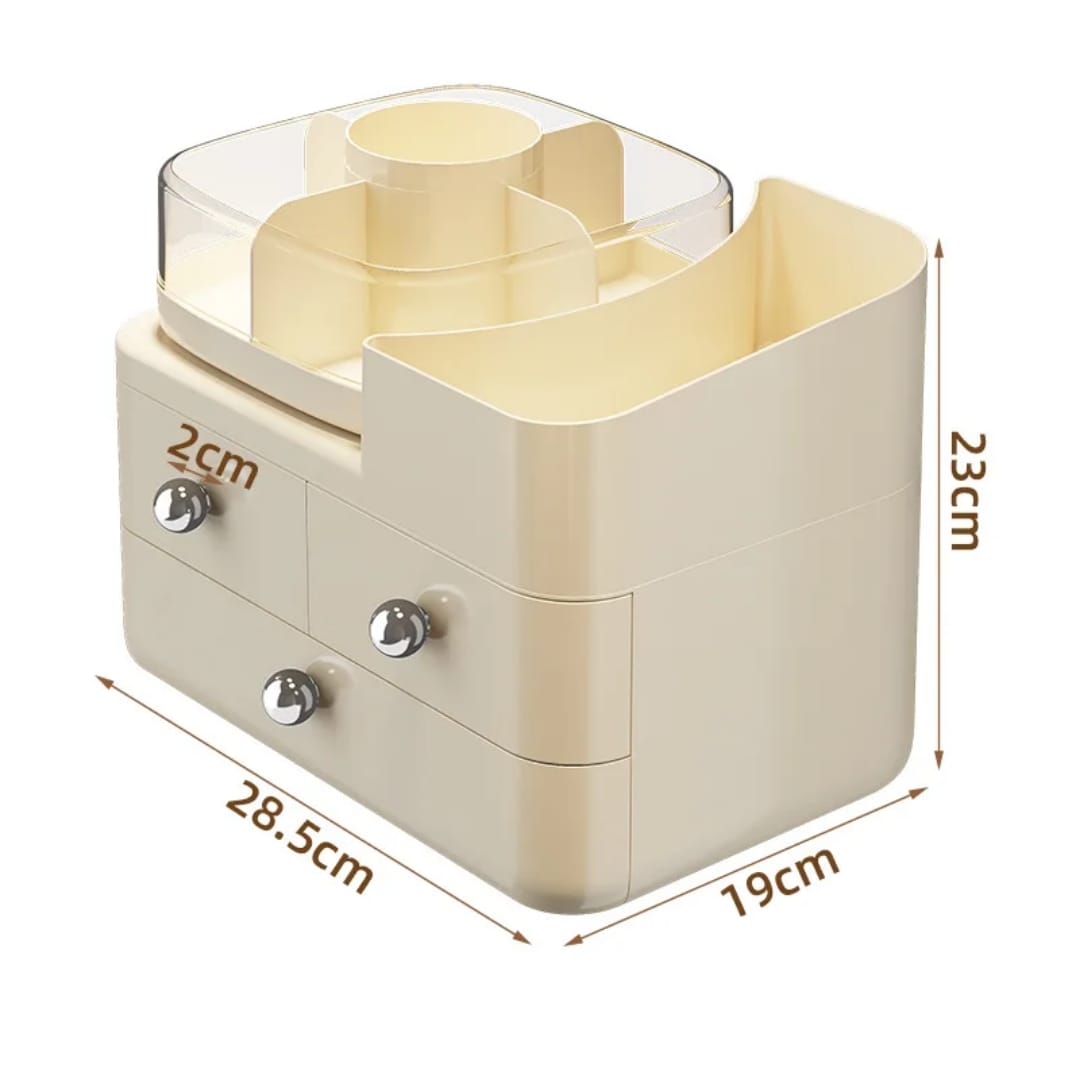Cosmetic organizer rack with rotating top.