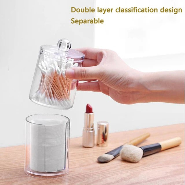 2 layer Acrylic Multifunctional Round Qtip Storage Box , Makeup Cotton Pad Organizer Jewelry Holder Caddy