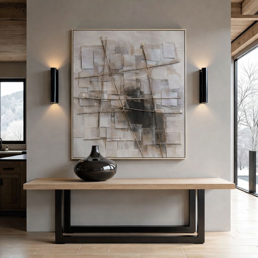 Contemporary abstract layered artwork combining modern shapes and warm neutral tones for a sophisticated wall feature.