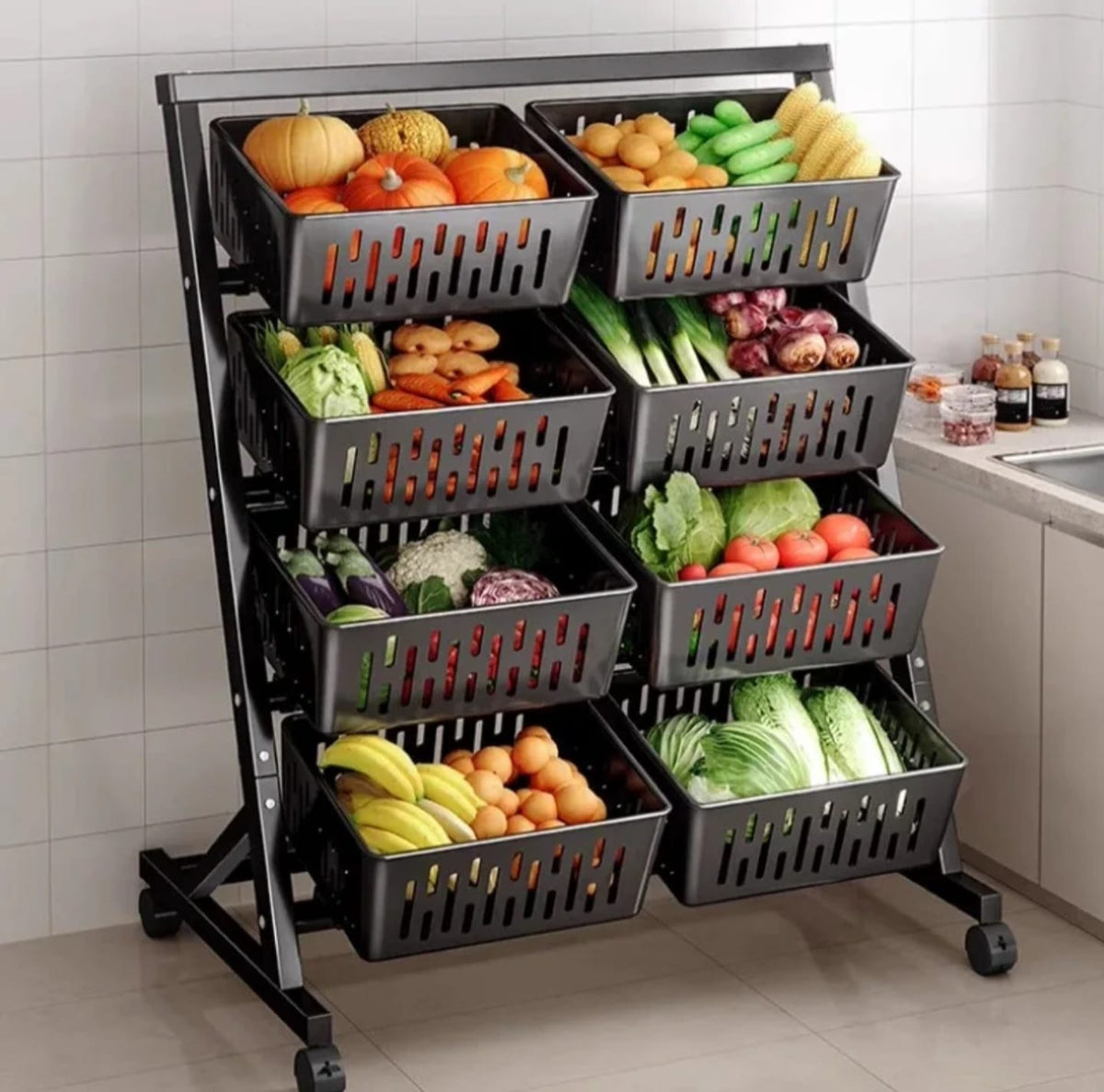 4 tier Double Multi- Functional Steel Vegetable & Fruit Rack with movable and lockable wheels