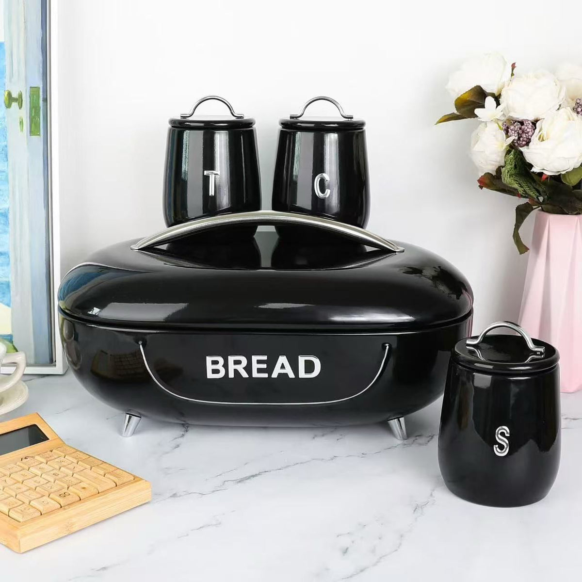 Unique and elegant bread storage bin with 3pcs canisters