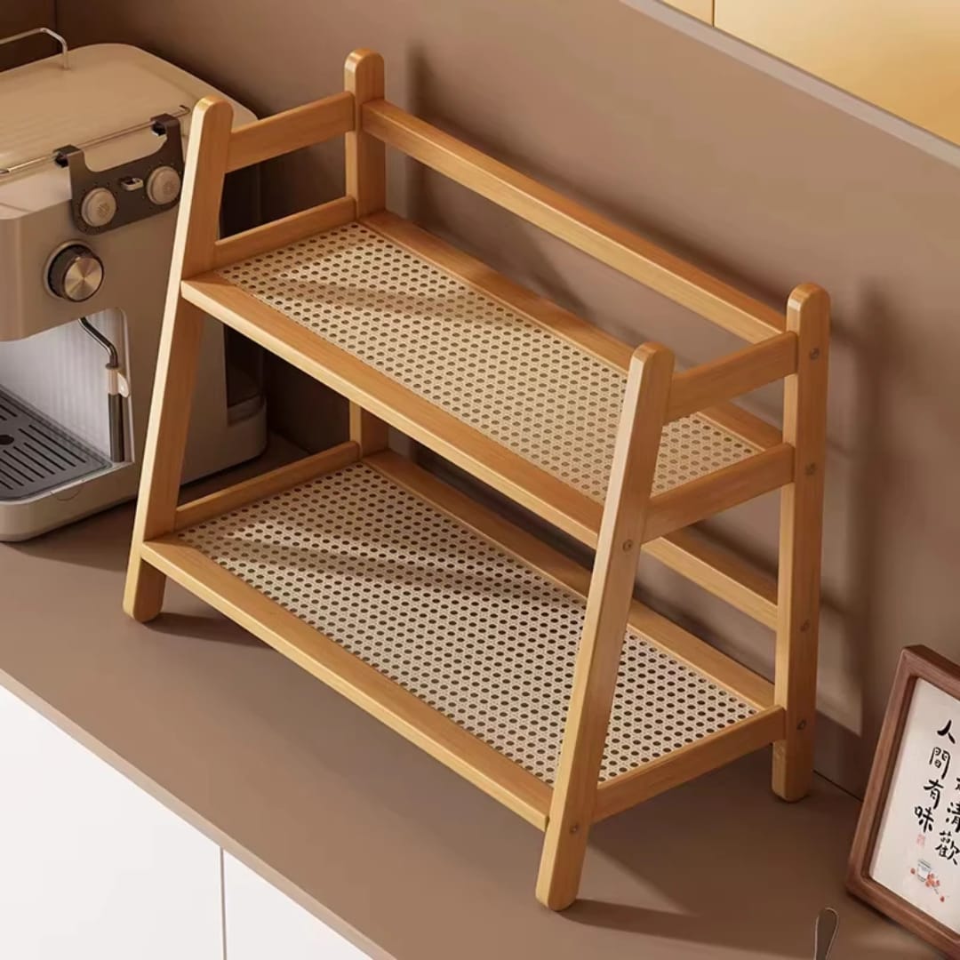 Multifunctional Bamboo Countertop Storage Rack with Stylish Rattan Shelves