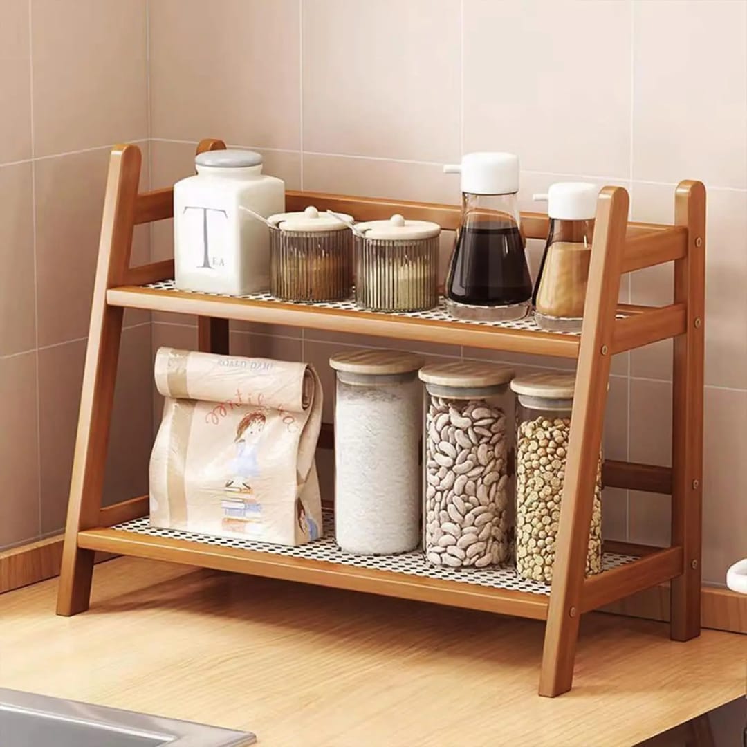 Multifunctional Bamboo Countertop Storage Rack with Stylish Rattan Shelves