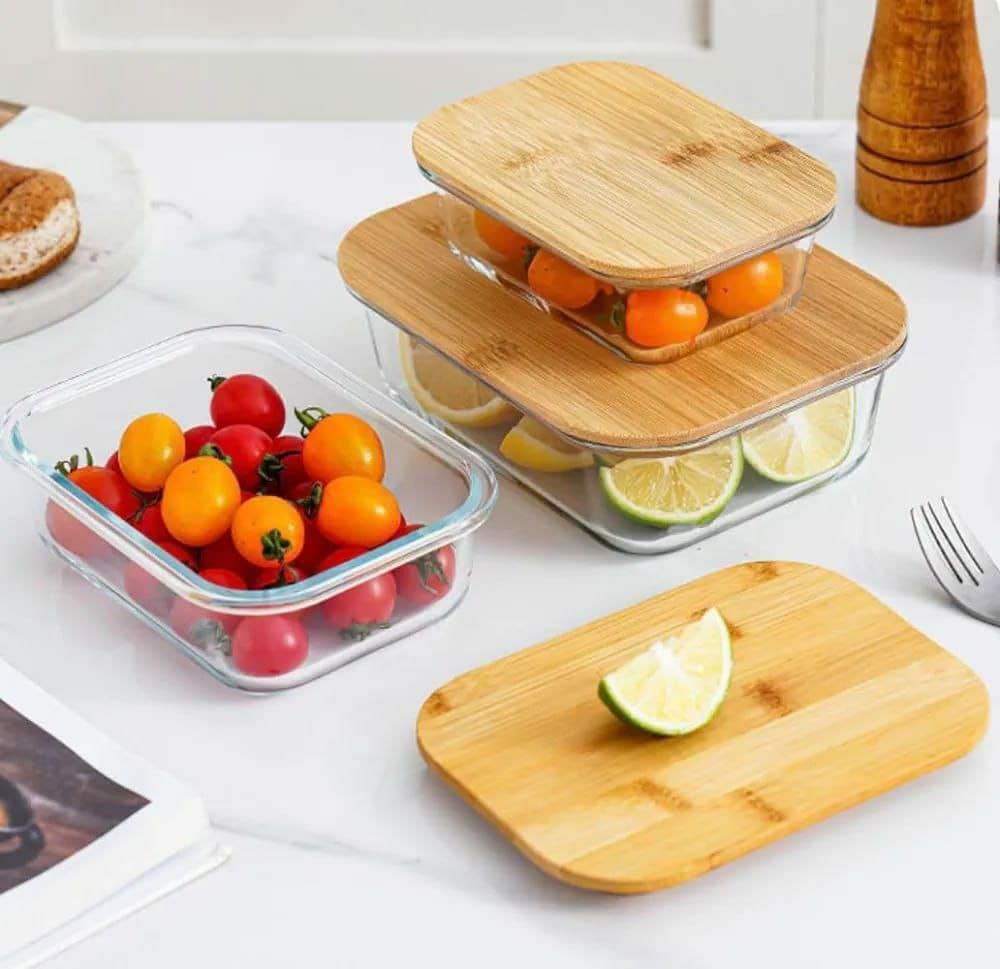 3pcs glass bowl storage container with bamboo lid