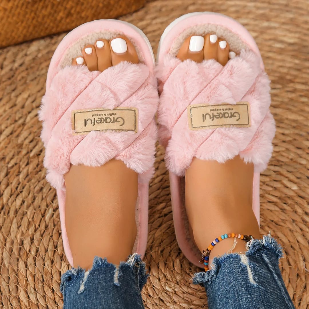 1Pair Casual Open Toe Fluffy Slippers Soft Sole Non-Slip Home Slippers Flat Bottom Keep Warm Women's Slippers Winter