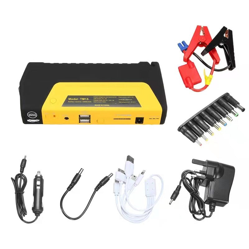 Car Jump Starter + Air Pump Kit. 4-in-1: jump start, tyre inflator, power bank, LED light. 12V. Includes carry case + all cables