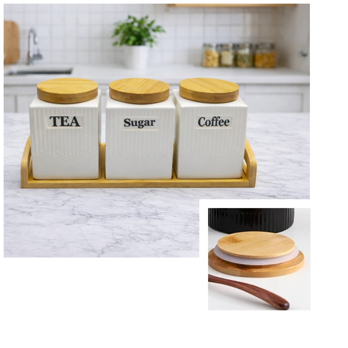 3pc Ceramic Canister Set with Bamboo Lids & Tray