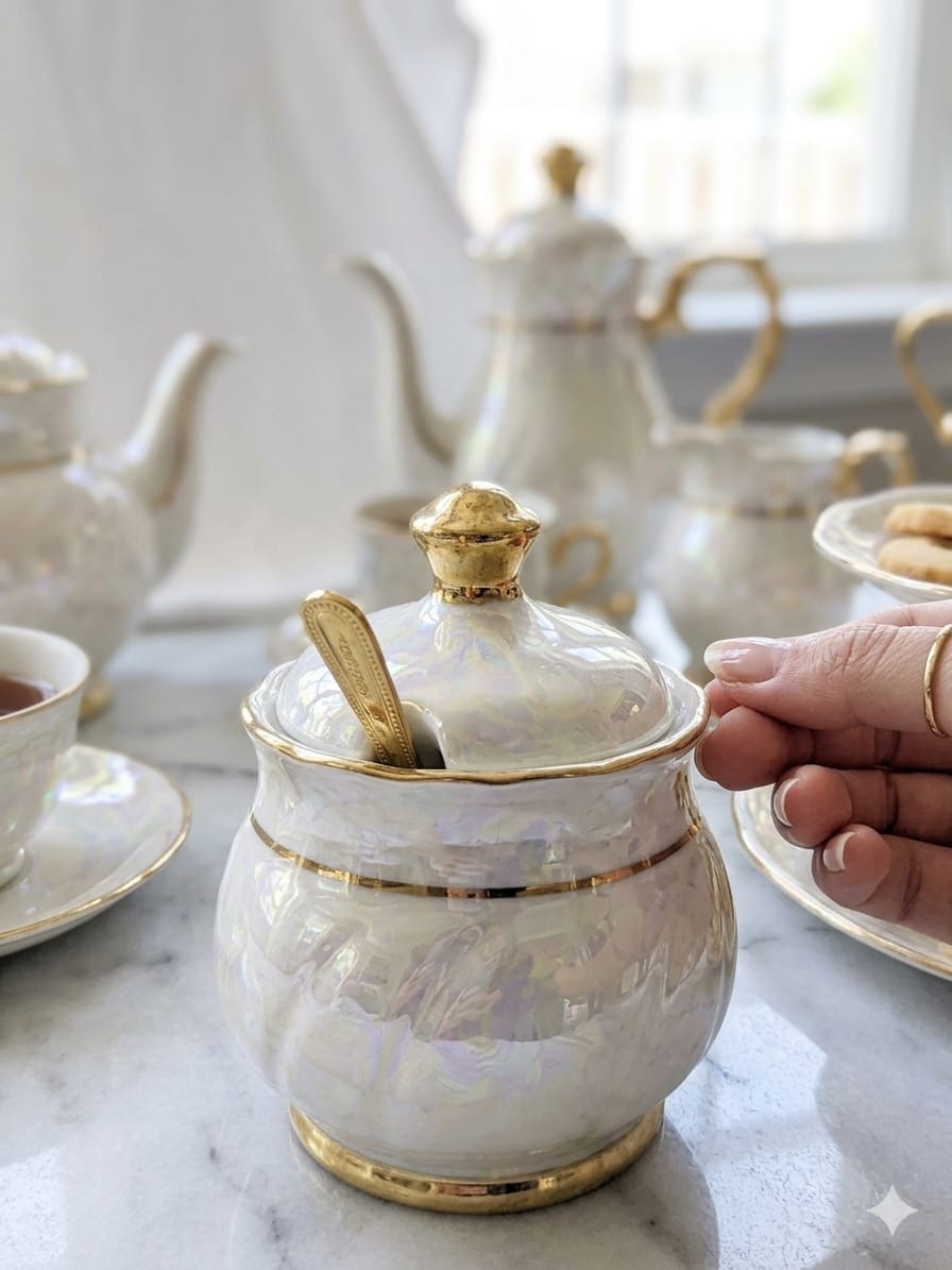 Marble Luxury Pearl Sugar Dish with Gold Spoon.