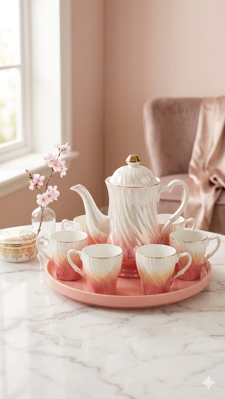 8pc luxury gradient coffee/ tea set pink white