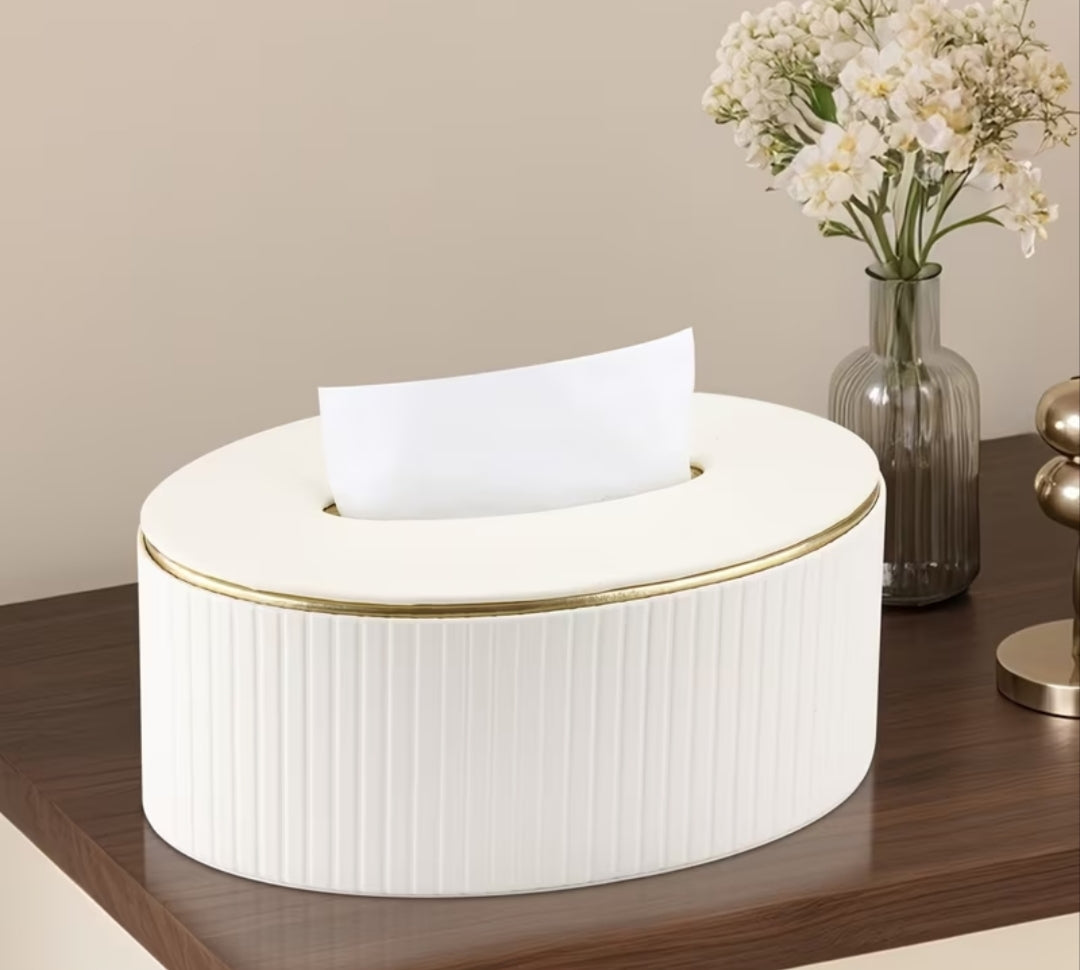 Light luxury vertical-striped oval serviette box with gold-edged accents