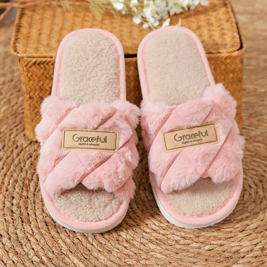 1Pair Casual Open Toe Fluffy Slippers Soft Sole Non-Slip Home Slippers Flat Bottom Keep Warm Women's Slippers Winter