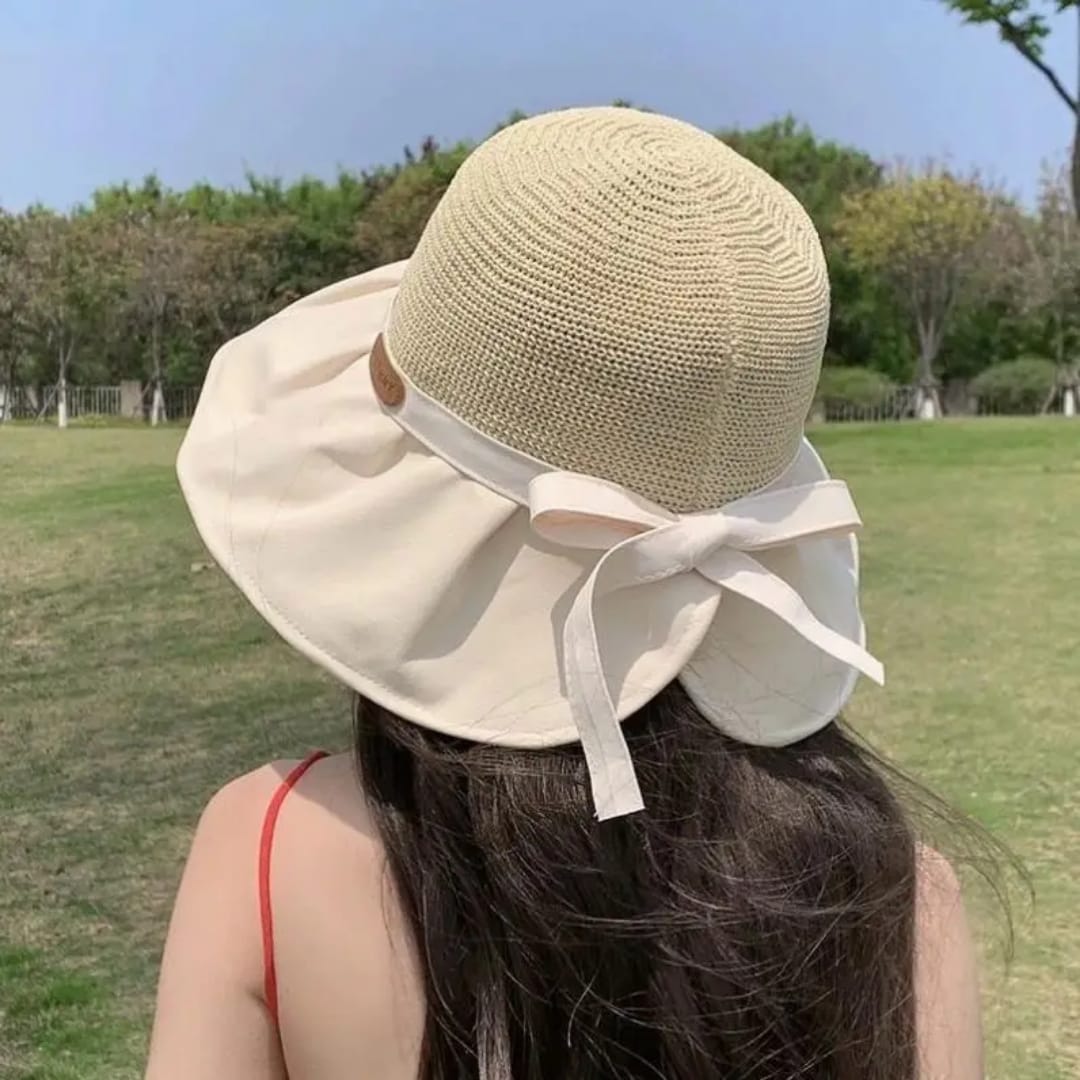 Summer Women's Sun Protection Butterfly Knot Hat Style Large Brim Face Covering Sun Hat Breathable Baseball Cap