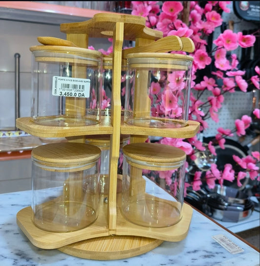 Rotating Jar Set 6PCS glass storage with bamboo spoons, Wooden Circle two Tier