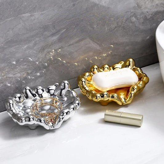 Quick Drain Golden/Silver Color Soap Dish Washbasin Countertop Storage Tray Washroom Accessories