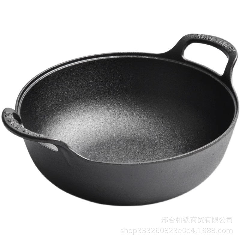 Pre-seasoned Pure Cast Iron Flat Bottom Wok with cast iron Lid