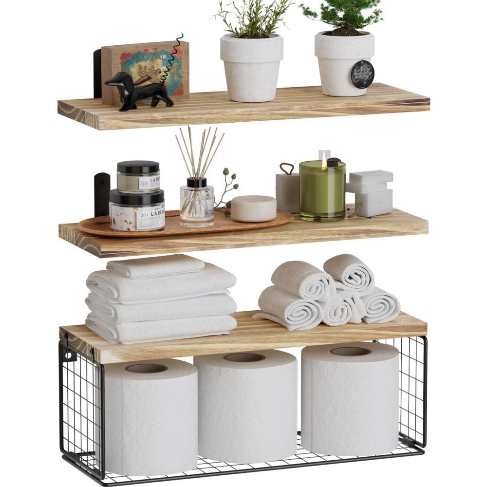 Solid pine wood bathroom floating shelves
