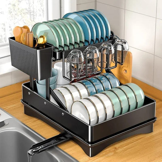 2 Tier Foldable Dish Drying Rack with Drip Tray