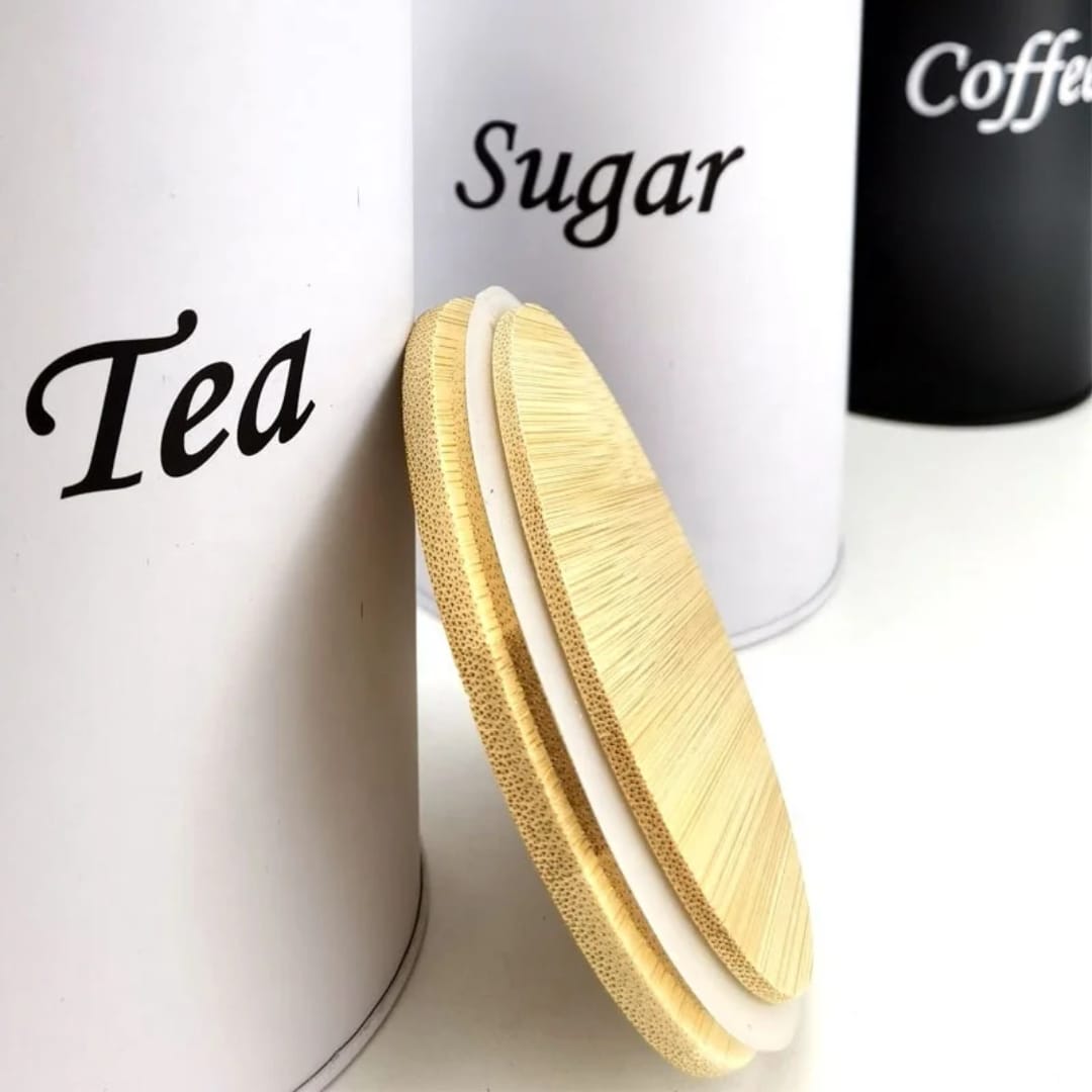 Coffee, Sugar & Tea Alloyeyal canisters with a bamboo lid