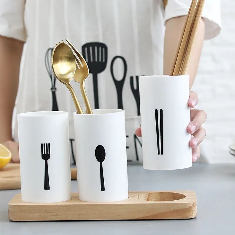 3pc cutlery organizer with oak base