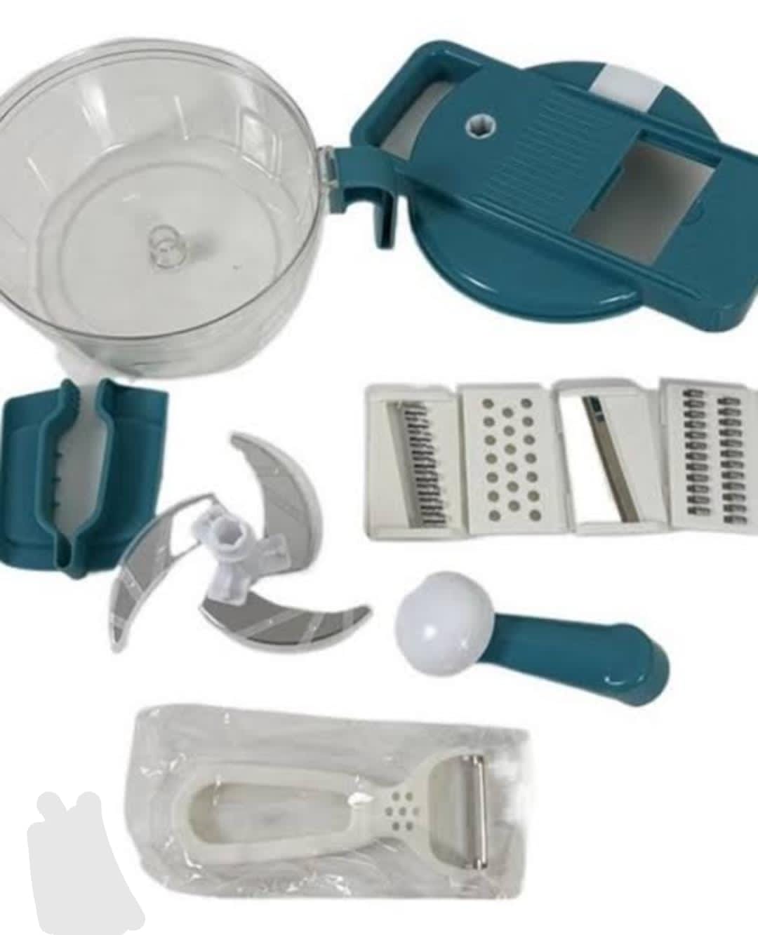 2-in-1 manual food processor includes a chopper, mincer, blender, and grater.