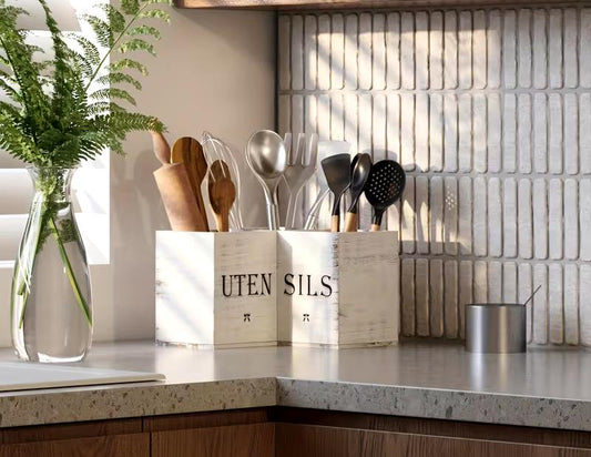 Wooden Kitchen Utensils Holder With A White Rustic Finish