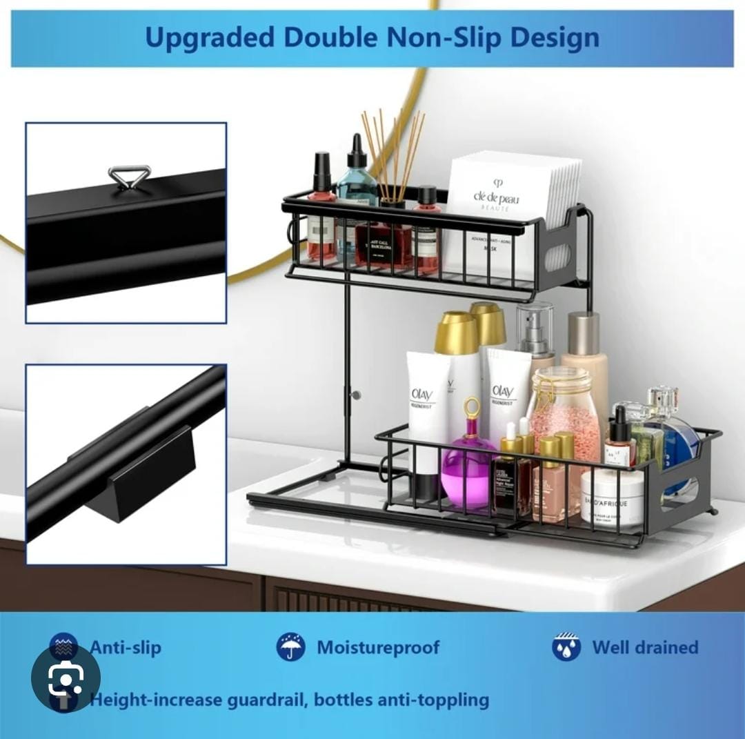 2 tier metallic sliding pull out cabinet organizer rack