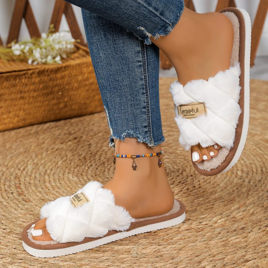 1Pair Casual Open Toe Fluffy Slippers Soft Sole Non-Slip Home Slippers Flat Bottom Keep Warm Women's Slippers Winter
