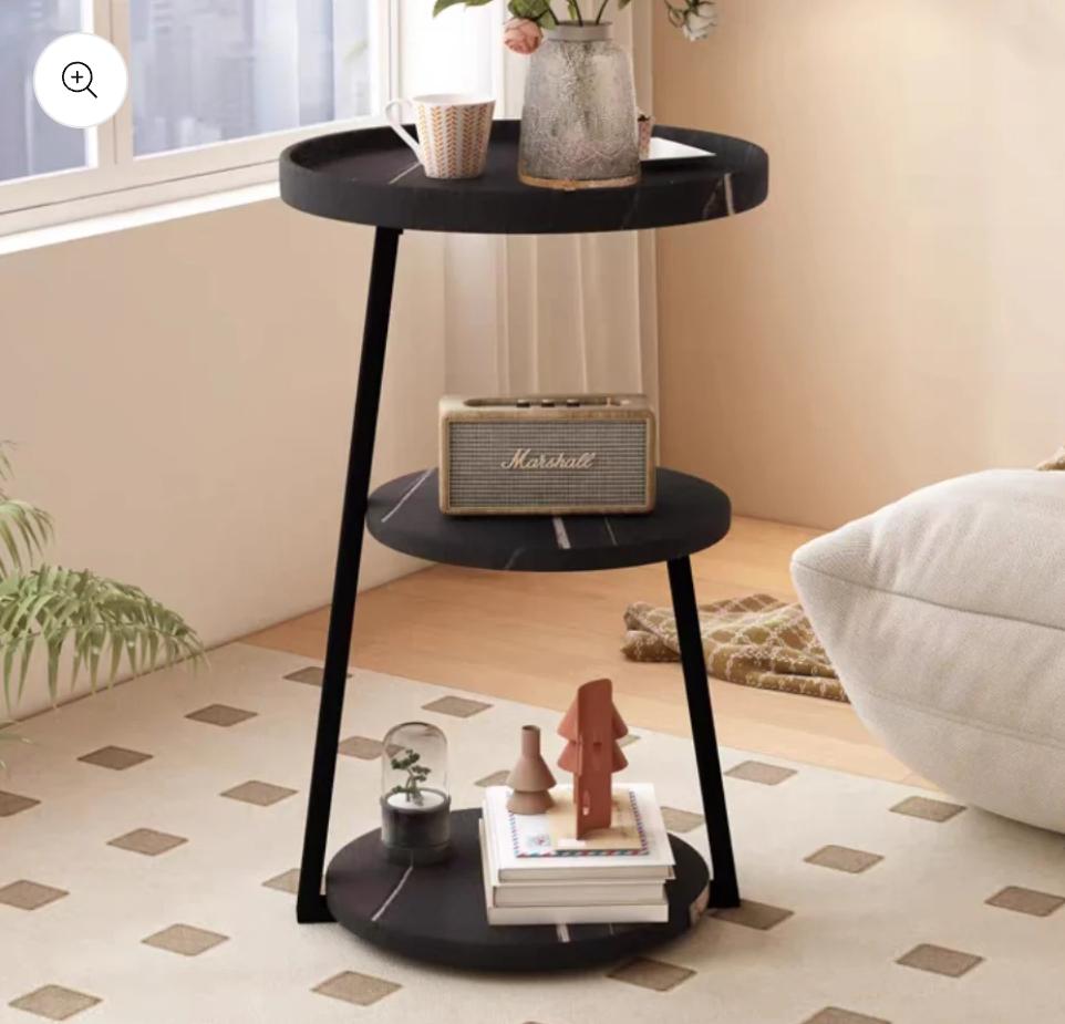 3-tier Trinity Sofa Side Table for Small Spaces Round End Table Accent Couch Beside Table with Wood Top & Metal Frame Modern Nightstand for Living Room Bedroom (40x40x62cm(16x16x24inch) Black