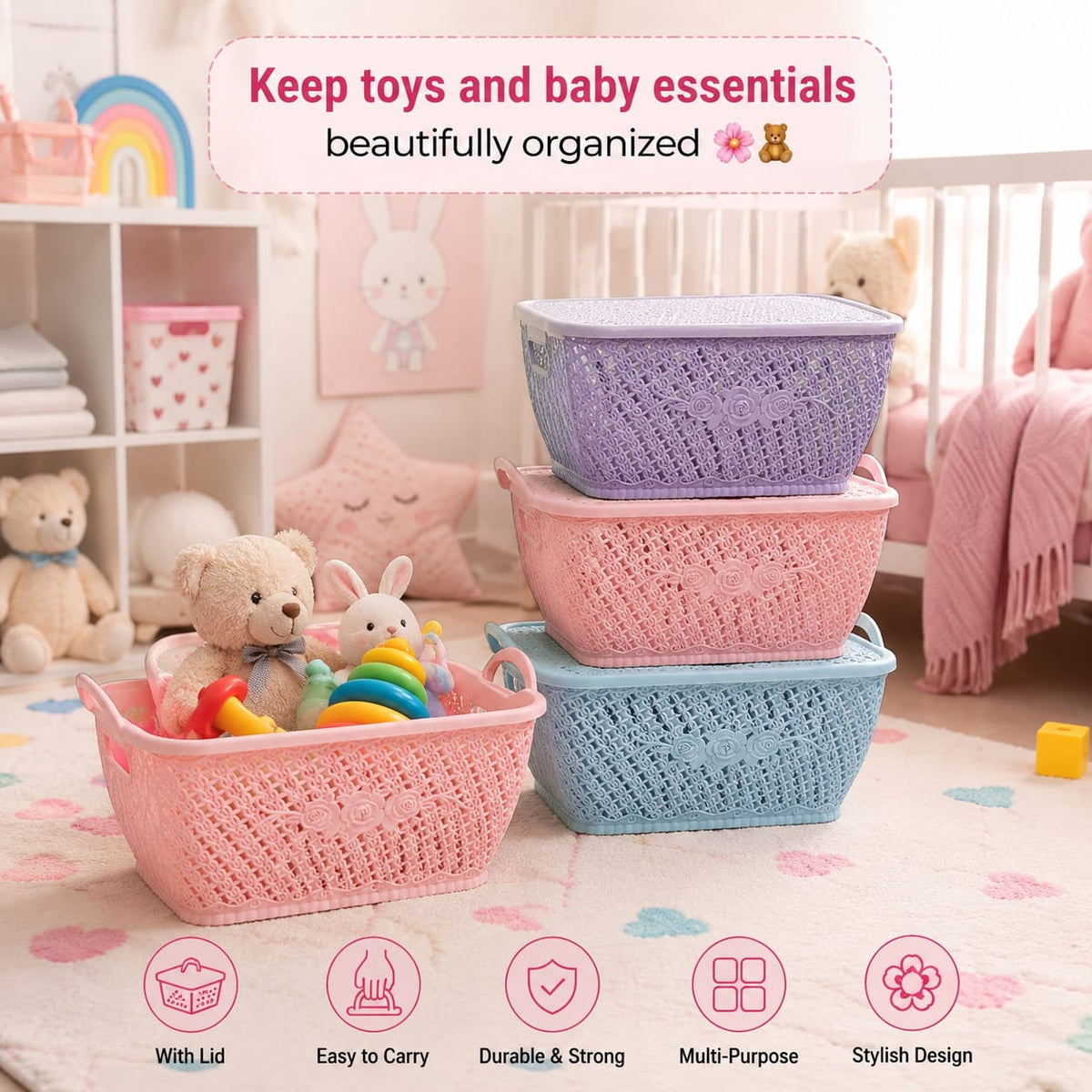 Plastic woven organizing basket