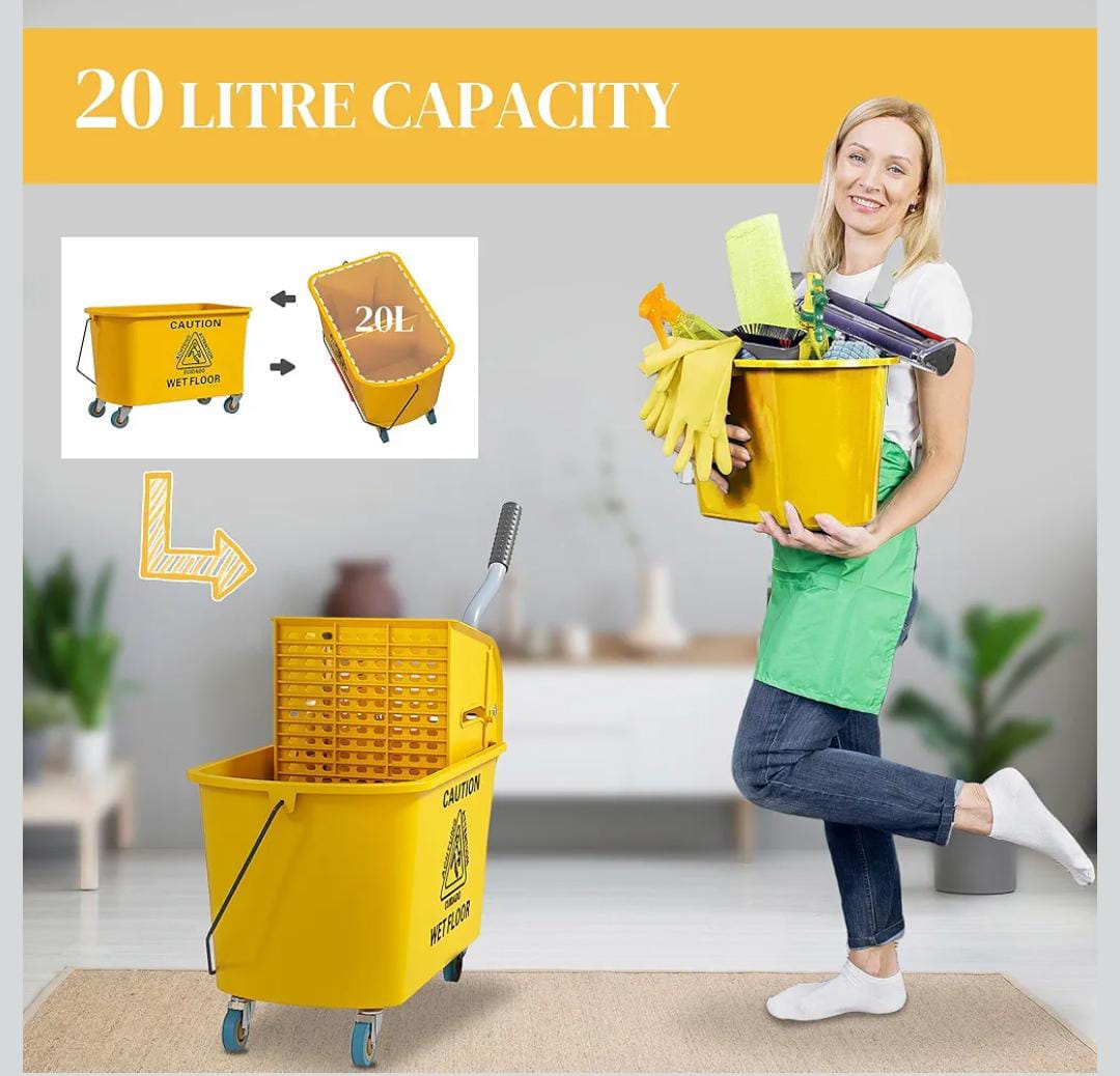 Heavy Duty cleaning Mop Bucket with Wringer Set on Wheels for Floor Cleaning, 20 Litre Side Press Wringer with Handle and Mop, Yellow