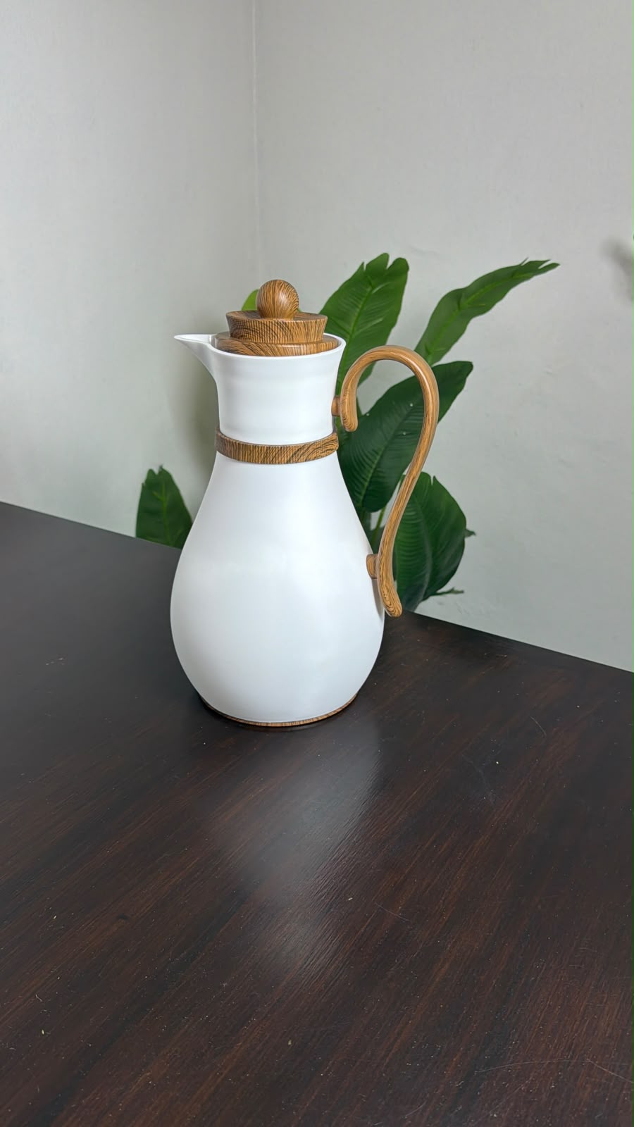 Pot Shaped Vacuum Flask with Wood-Grain Handle and Lid (1.0 L)