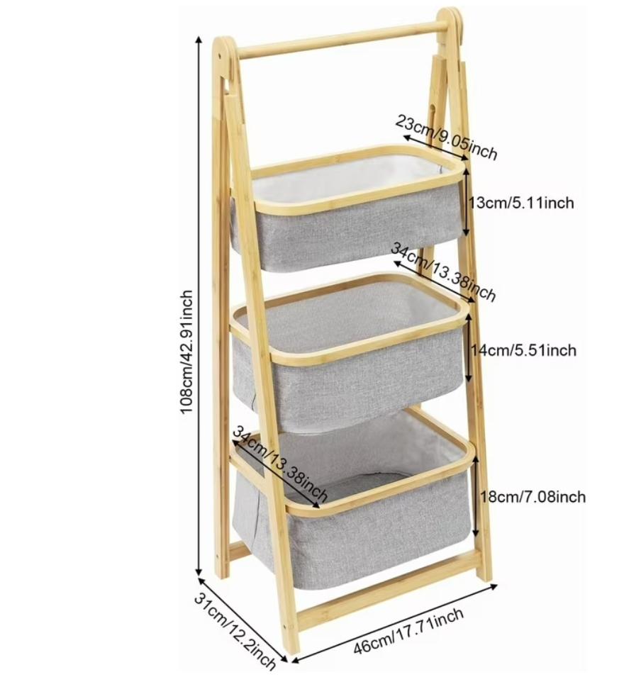 Foldable Bamboo Laundry Hamper Free-Standing Bamboo Frame Organiser with Pull-Out Fabric Baskets And Shelf, for Laundry Room Bathroom Bedroom Laundry Sorter Organizer, Style 3