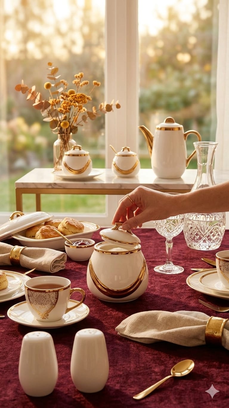 Round Ceramic white and gold sugar dish