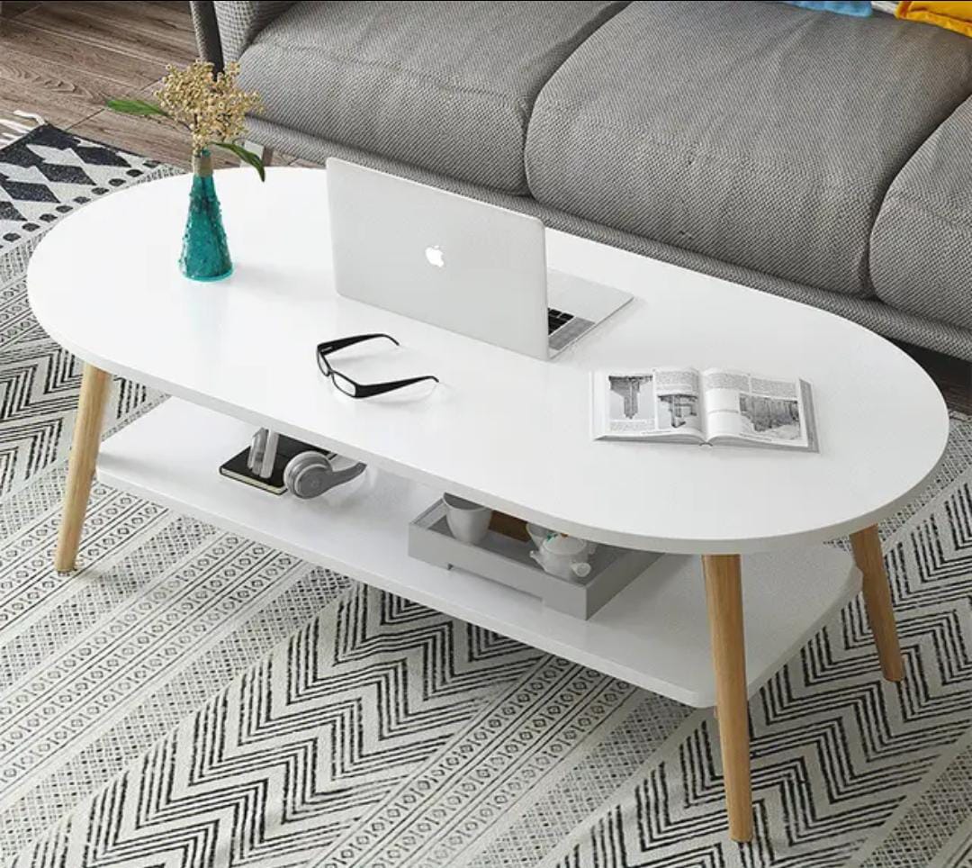 Modern Oval 2 Tier Coffee Table with Storage Small Space Living Room Center Table Minimalist Design End Table for Bedroom Light White