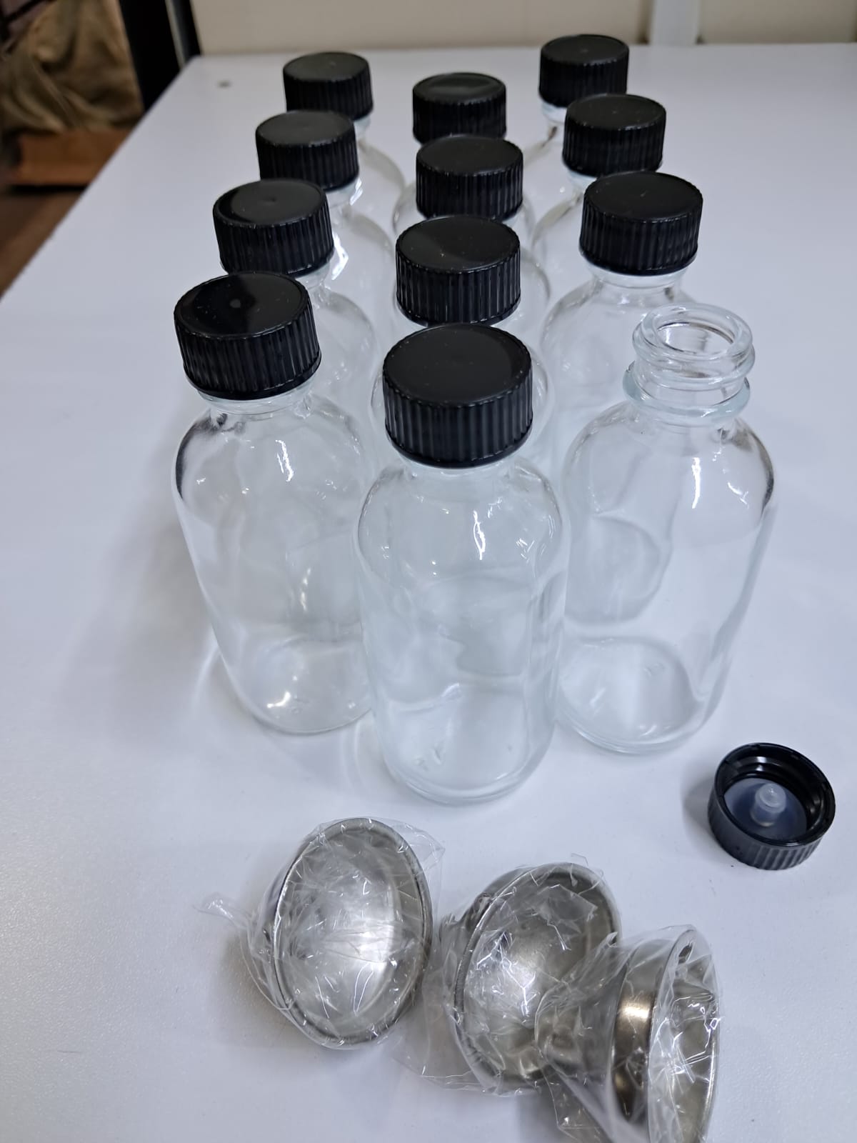 12 pc Glass ginger shot bottles with 2 funnels set