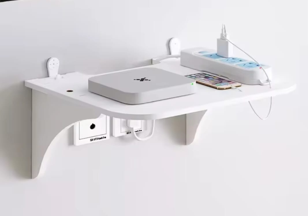 Wall mount floating shelf storage for home, office. Home router storage wall artifact set top box