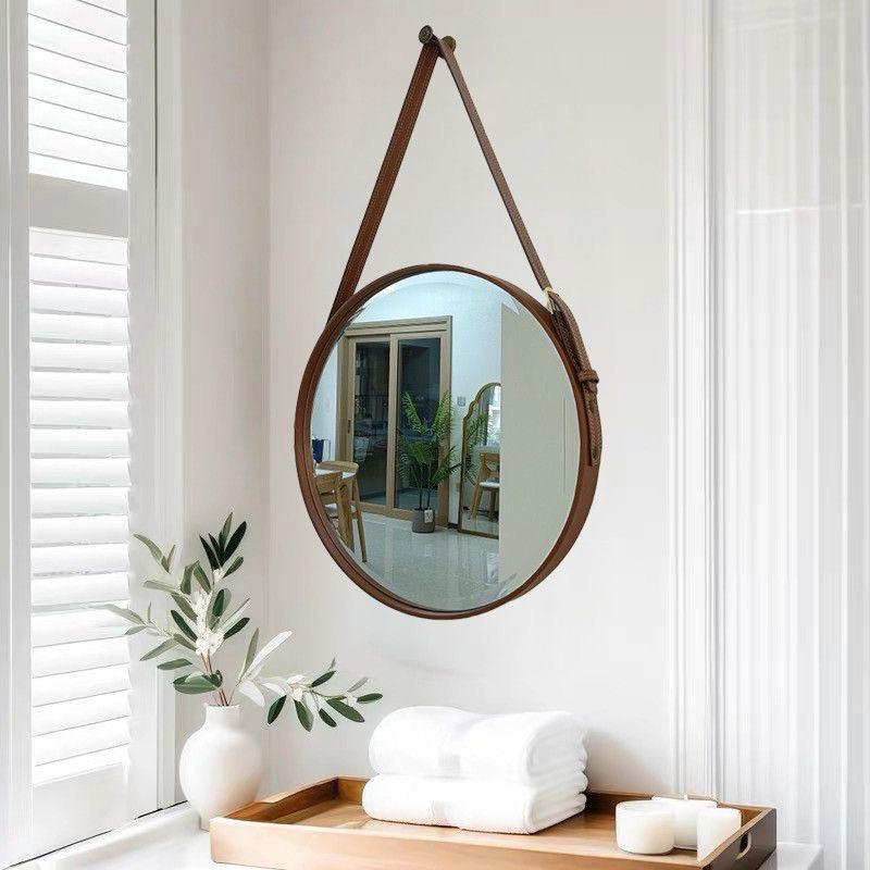 Nordic Wall Hanging Decorative Mirror / Creative Living Room Round Vanity Mirror / Bathroom Mirror with Leather strap